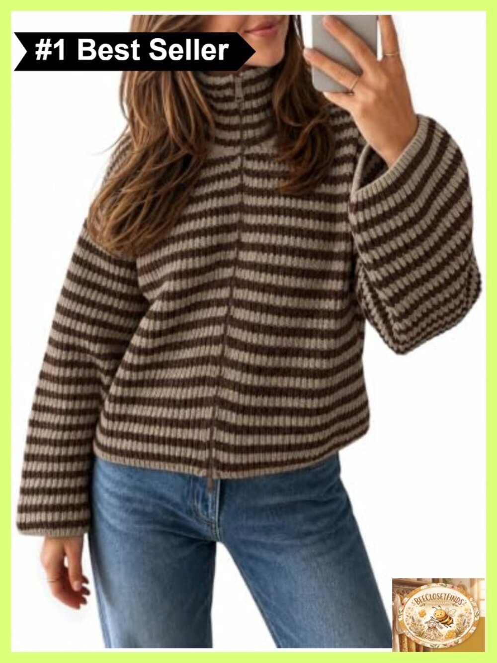 Womens Striped Zip Up Sweater Mock Neck Loose Fit Knit Cardigan